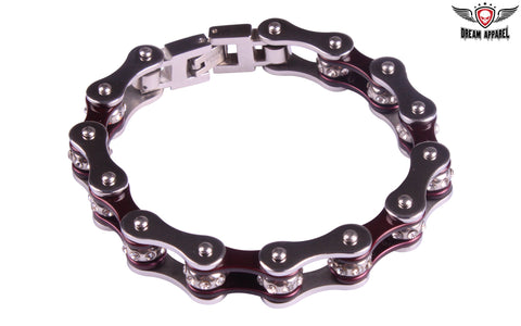 Chrome and Maroon Motorcycle Chain Bracelet with Gemstones