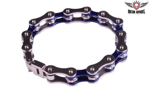 Chrome and Blue Motorcycle Chain Bracelet with Gemstones