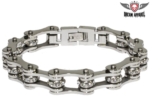 Silver Motorcycle Chain Bracelet With Crystals