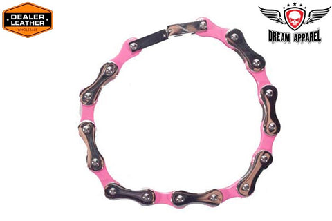 Womens Pink & Silver Stainless Steel Motorcycle Chain Bracelet With Crystals