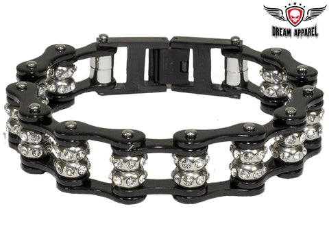 Black Motorcycle Chain Bracelet with Gemstones