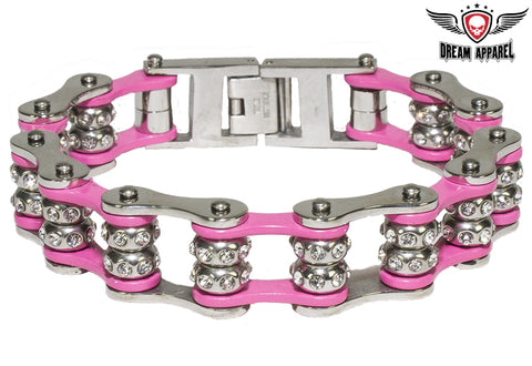 Pink Motorcycle Chain Bracelet with Gemstones