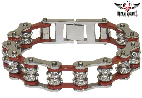 Red Motorcycle Chain Bracelet with Gemstones