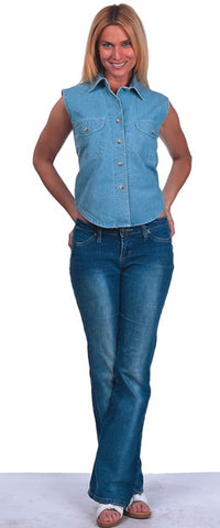 Womens Light Blue Denim Sleeveless Shirt With Buttons