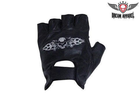 Motorcycle Fingerless Gloves With Skull & Crossbones in Flames