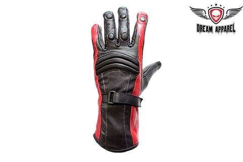 Womens Red Full Finger Leather Gauntlet Gloves