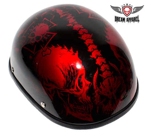 Shiny Burgundy Motorcycle Novelty Helmet with Horned Skeletons