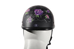 Womens Flat Black Novelty Motorcycle Helmet With Purple Rose Design