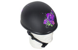 Womens Flat Black Novelty Motorcycle Helmet With Purple Rose Design