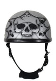 Matte Silver Motorcycle Novelty Helmet With Burning Skull