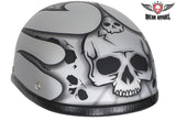 Matte Silver Motorcycle Novelty Helmet With Burning Skull