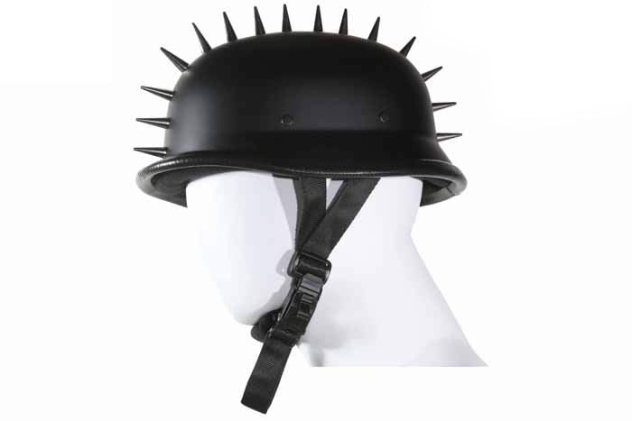 dot spiked german motorcycle helmet Dimensions Size Length Width Height Weight XS 12 1/2 9 3/4 6 1.74 lb S 12 1/2 9 3/4 6 1.72 lb M 12 5/8 10 1/4 6 1/4 1.98 lb L 12 5/8 10 1/4 6 1/4 1.96 lb XL 13 10 3/4 6 3/8 2.02 lb German Flat Black Novelty Helmet