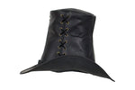 Genuine Black Leather Top Hat with Chrome Skull