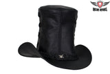 Genuine Black Leather Top Hat with Chrome Skull