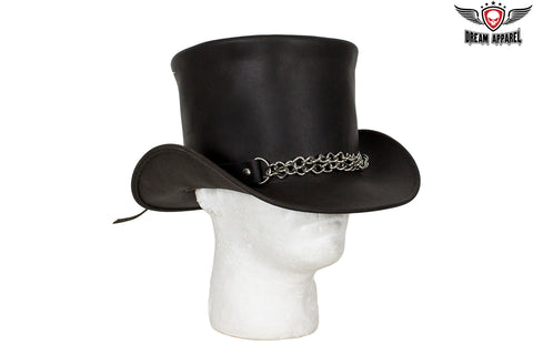 Black Leather Deadman Top Hat with Chrome Chain