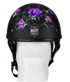 Womens Flat Black DOT Approved Helmet With Purple Rose Tribal Design
