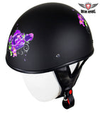 Womens Flat Black DOT Approved Helmet With Purple Rose Tribal Design