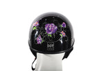 Womens Shiny Black DOT Approved Motorcycle Helmet W/ Purple Rose Design