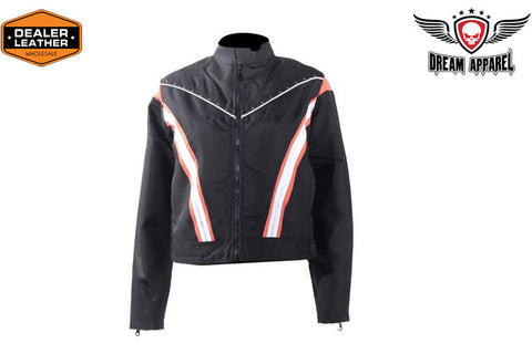 Women's Black Lightweight Racer Style Textile Jacket - Orange/White Strips And Studs