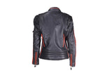 Women's Leather Racer Jacket With Double Orange Stripes Down Sleeves