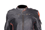 Women's Leather Racer Jacket With Double Orange Stripes Down Sleeves