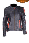 Womens Leather Racer Jacket with Orange Stripes