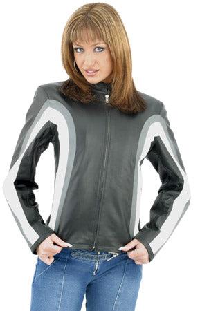 Women's Leather Jacket With Gray & White Stripes