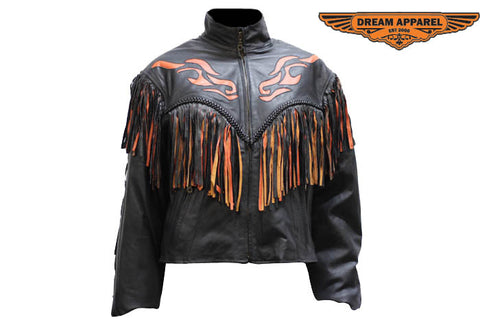 Womens Leather Jacket With Flames & Fringe