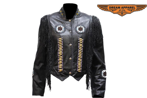 Women Leather Jacket with Beads