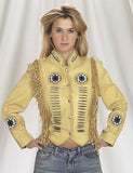 Women's Mustard Yellow Leather Jacket With Beads, Studs, Bone & Fringe