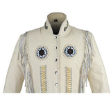 Women's Beige Leather Jacket With Beads, Studs, Bone & Fringe