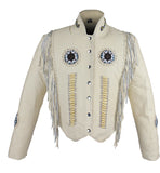 Women's Beige Leather Jacket With Beads, Studs, Bone & Fringe