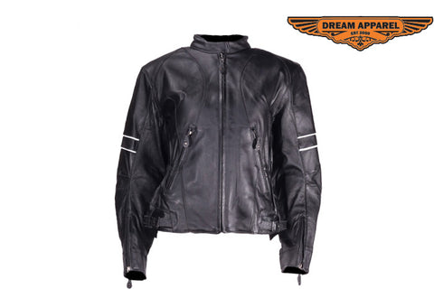 Womens Leather Jacket With Reflective Stripes On Sleeves