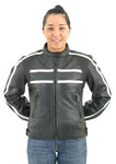 Women's Leather Motorcycle Jacket With Cream Colored Stripes