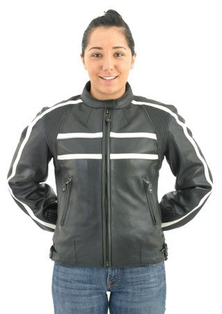 Women's Leather Motorcycle Jacket With Cream Colored Stripes