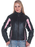 Womens Black & Pink Leather Racer Motorcycle Jacket With Z/o Lining