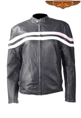 Womens Leather Jacket With Cream & Pink Stripes