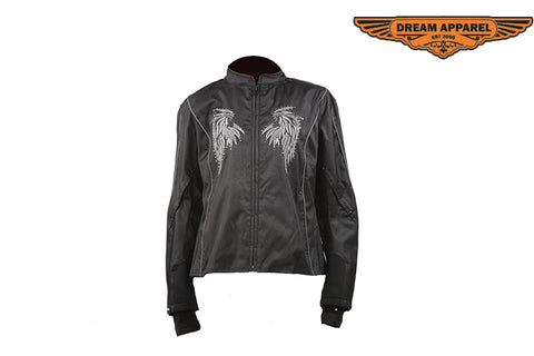 Womens Textile Motorcycle Jacket With Black Hoodie & Wings