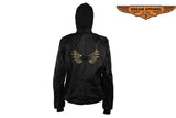 Women's Textile Jacket With Black Hoodie & Gold Wings & Heart