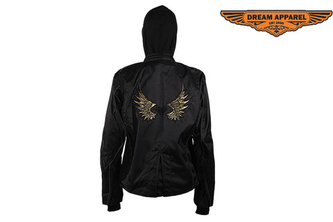 Women's Textile Jacket With Black Hoodie & Gold Wings & Heart
