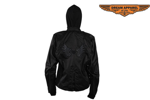 Women's Motorcycle Textile Jacket w/ Black Hoodie & Reflective Wings & Heart