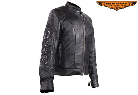 Womens Naked Leather Embroidered & Studded Jacket