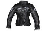 Womens Leather Motorcycle Jacket With Reflective Skulls