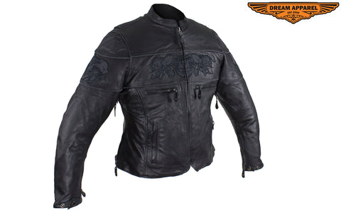 Womens Leather Motorcycle Jacket With Reflective Skulls