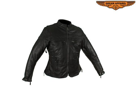 Women's Black Leather Jacket with Gun Pockets