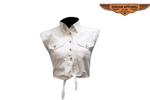 Women White Denim Sleeveless Shirt with Buttons