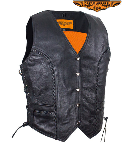 Womens Longer Motorcycle Vest With Braid