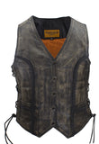 Womens Longer Cut Distressed Brown Cowhide Leather Motorcycle Vest