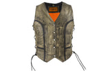 Women's Distressed Brown Leather Motorcycle Vest With Side Laces