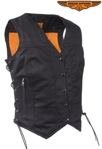 Womens Black Denim Motorcycle Vest With Side Laces
